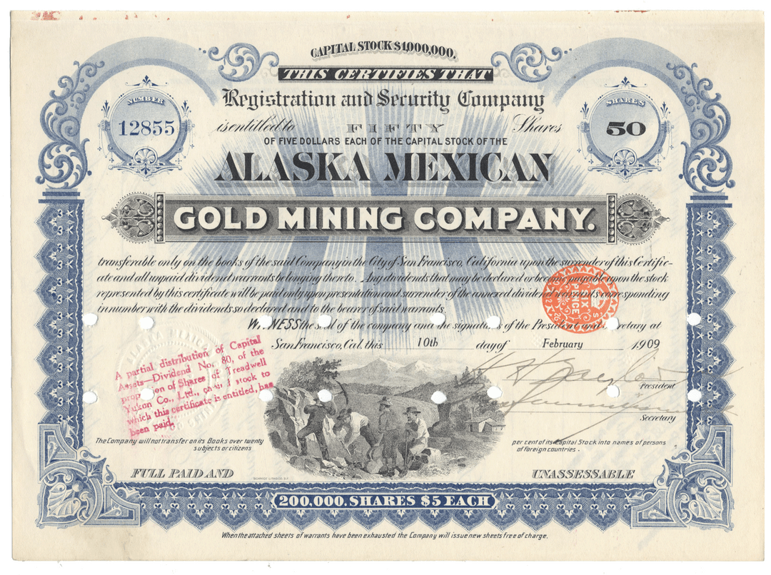Vintage stock certificate for Alaska Mexican Gold Mining Company from 1909