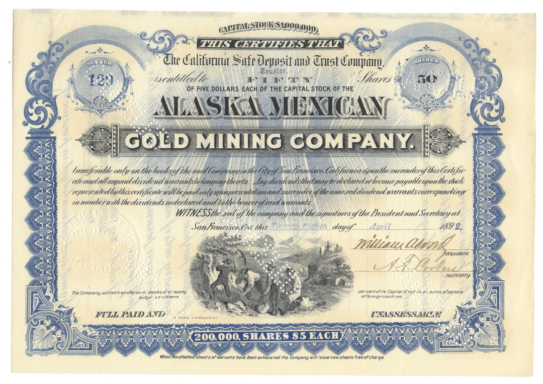 Alaska Mexican Gold Mining Company stock certificate from 1892