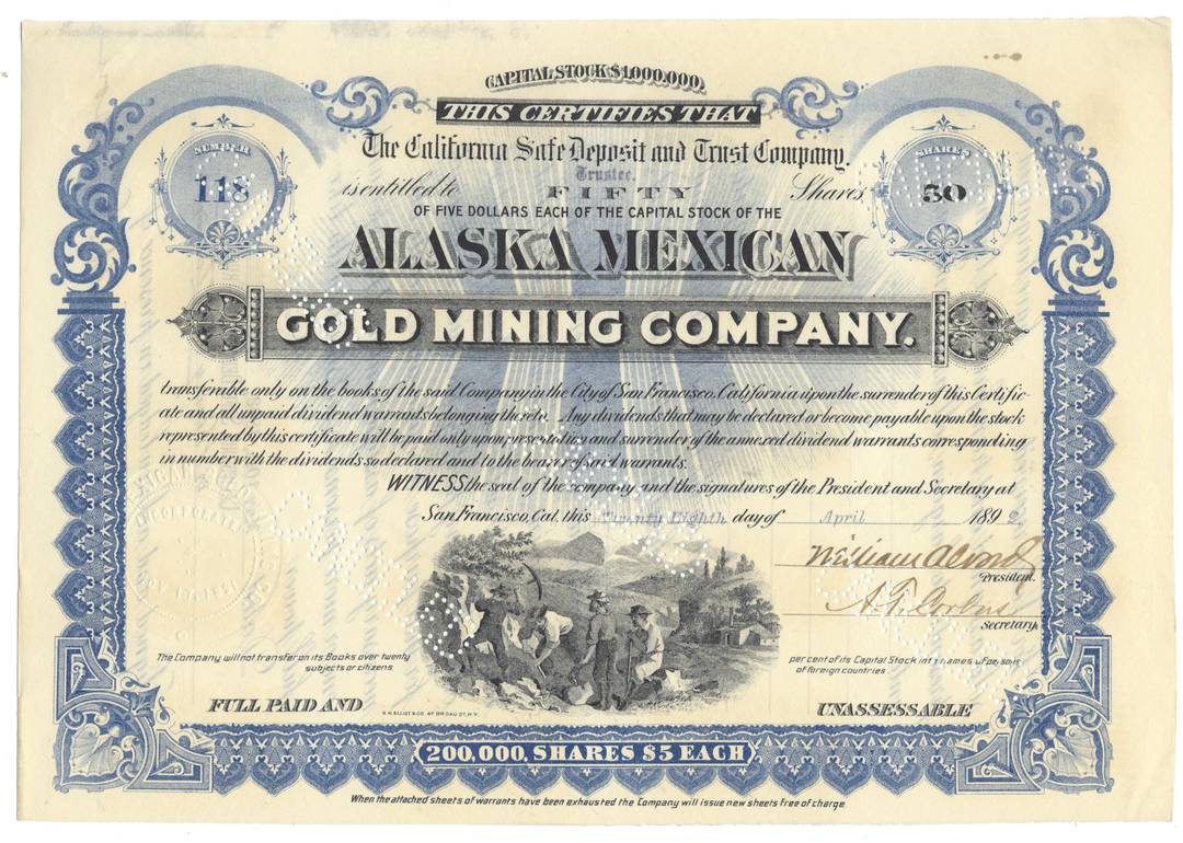 Stock certificate for the Alaska Mexican Gold Mining Company with decorative elements and text.