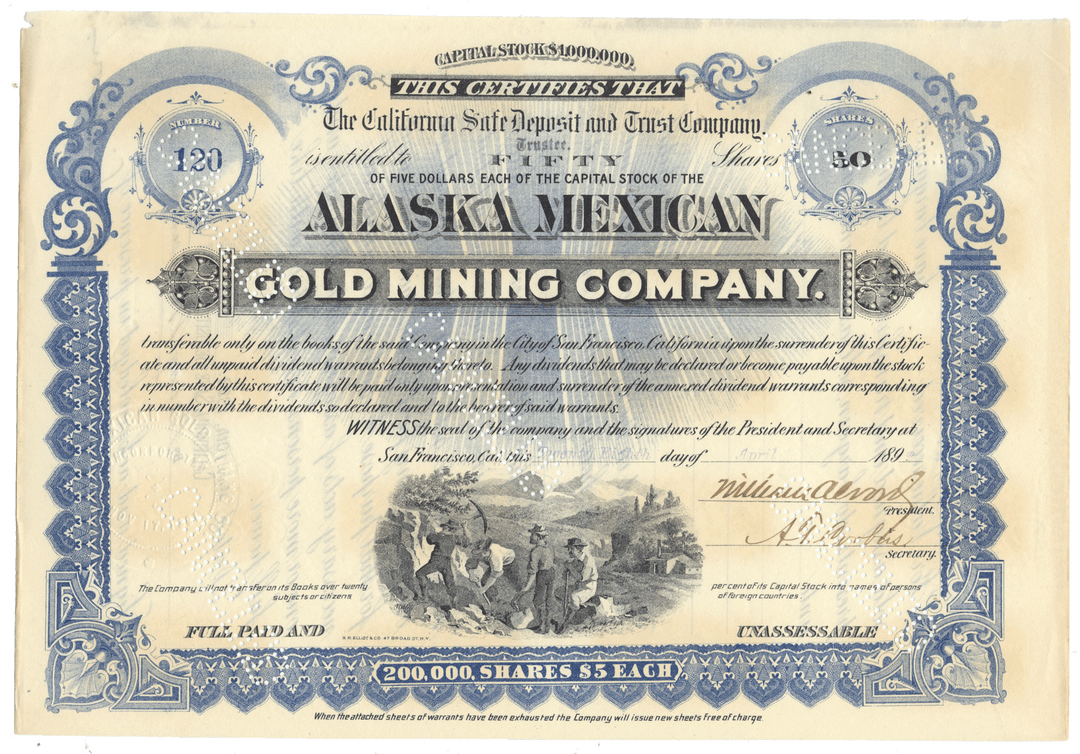 Stock certificate of the Alaska Mexican Gold Mining Company with decorative elements and text from 1892