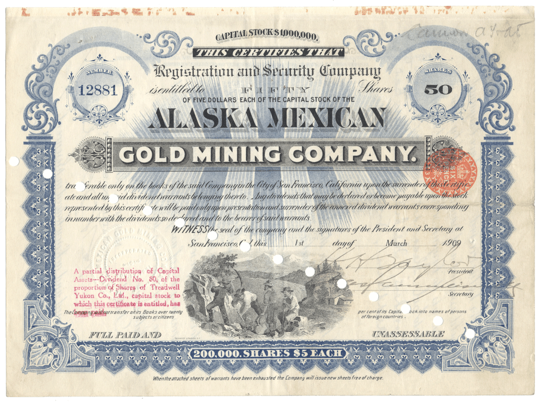 Alaska Mexican Gold Mining Company Stock Certificate