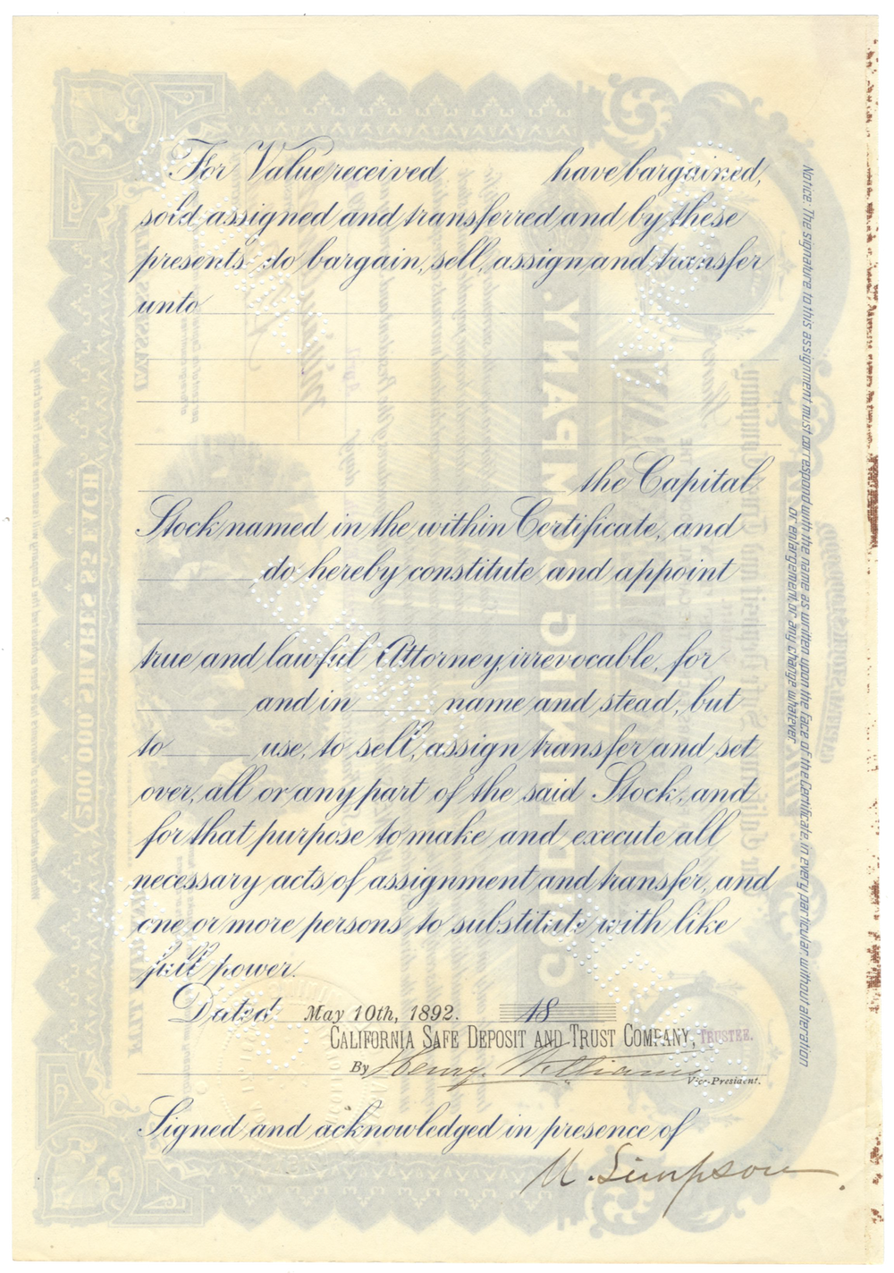 Alaska Mexican Gold Mining Company Stock Certificate