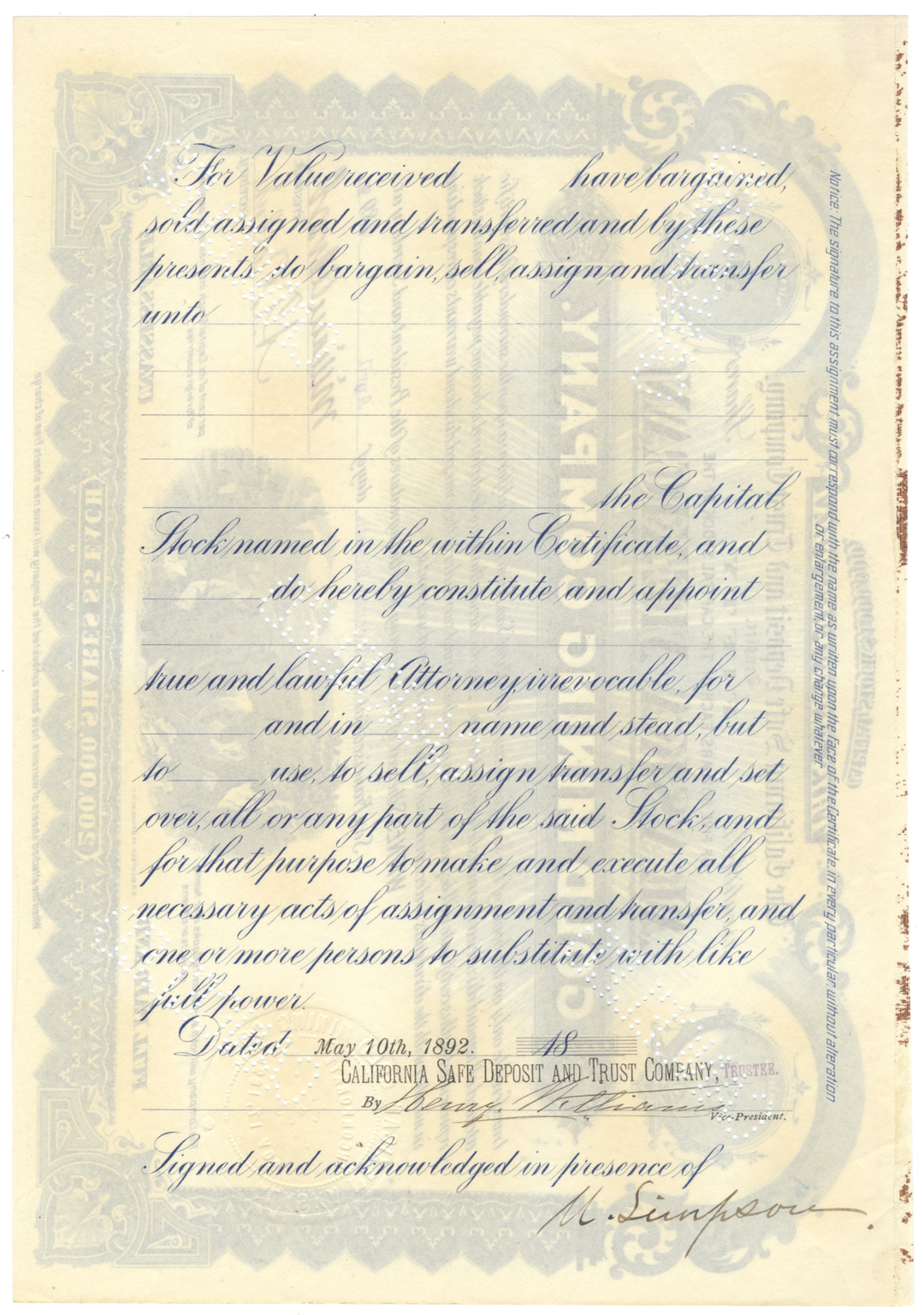 Alaska Mexican Gold Mining Company Stock Certificate