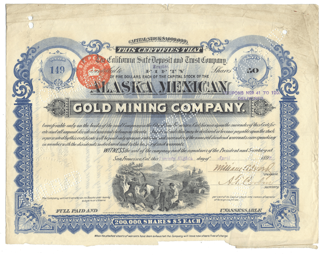 Vintage stock certificate for the Alaska Mexican Gold Mining Company with decorative elements and text.
