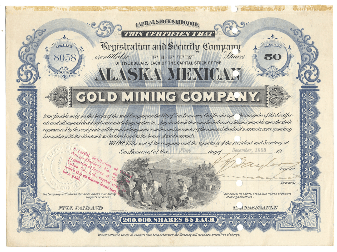 Alaska Mexico Gold Mining Company stock certificate with decorative elements
