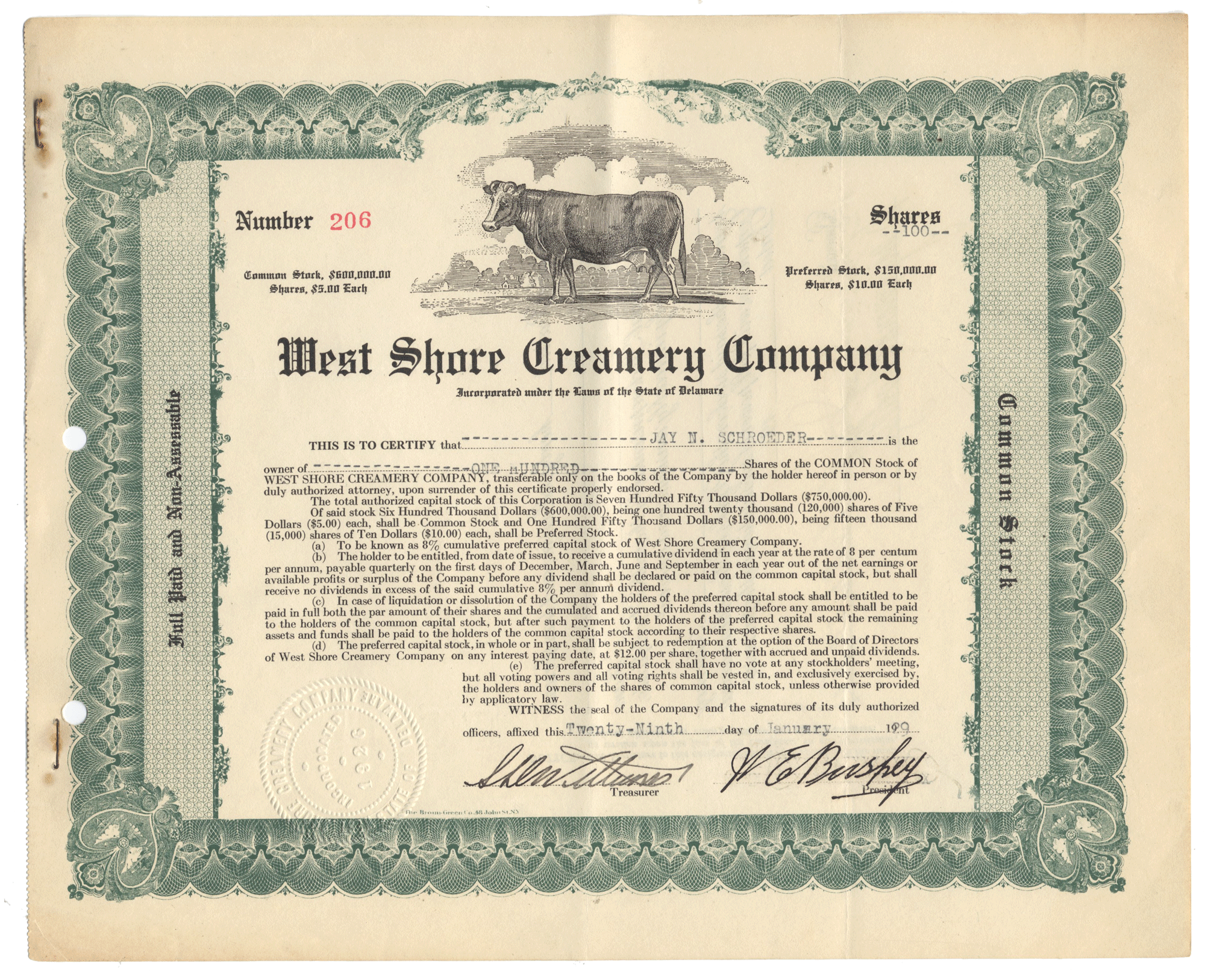 Stock certificate of the West Shore Creamery Company with a cow illustration from 1929