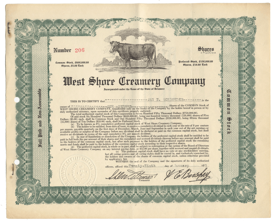 Stock certificate of the West Shore Creamery Company with a cow illustration from 1929
