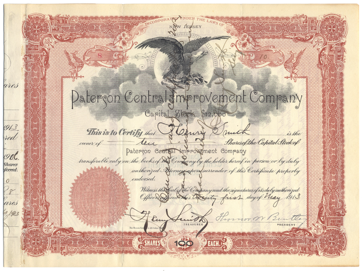 Paterson Central Improvement Company Stock Certificate