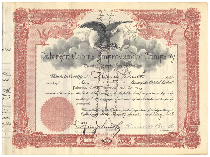 Paterson Central Improvement Company Stock Certificate