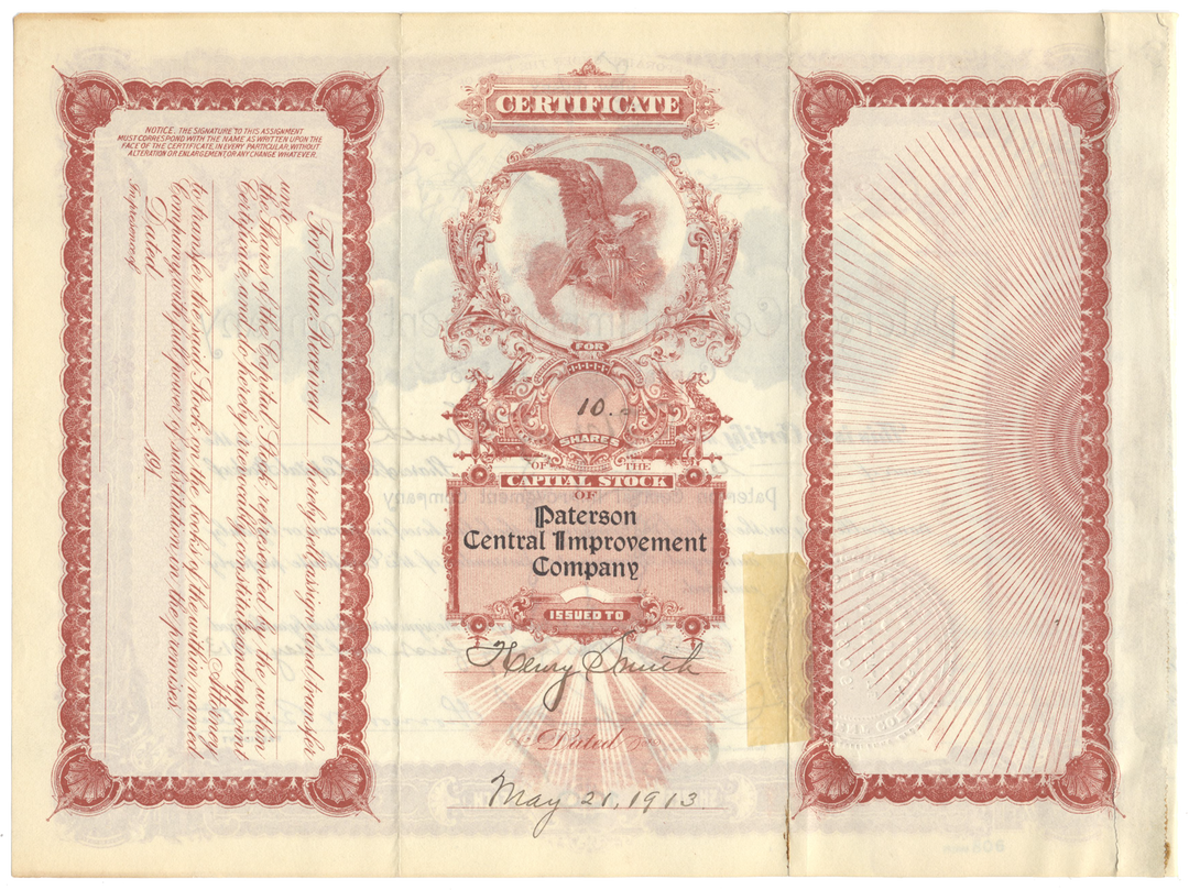 Paterson Central Improvement Company Stock Certificate