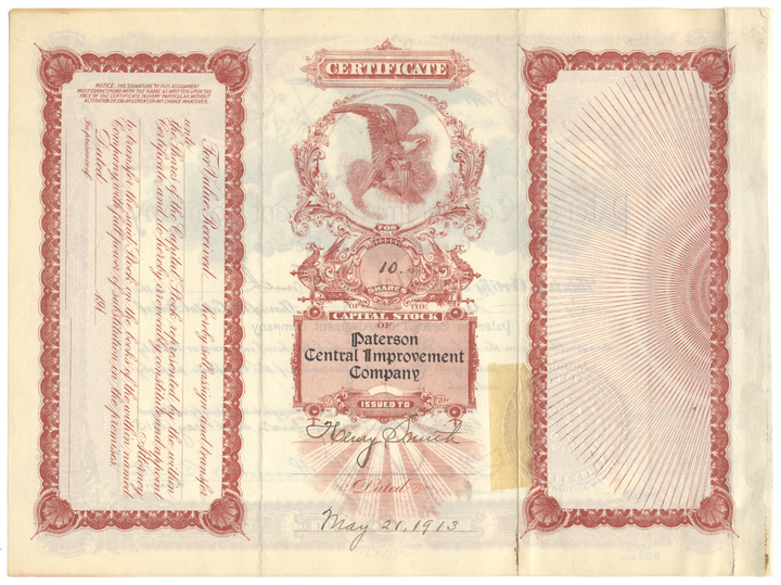 Paterson Central Improvement Company Stock Certificate