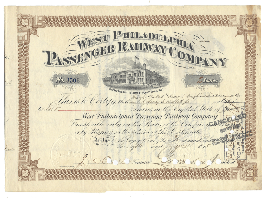 West Philadelphia Passenger Railway Company Stock Certificate Signed by George Widener