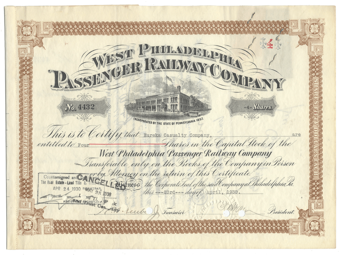 Vintage stock certificate of the West Philadelphia Passenger Railway Company with decorative elements.