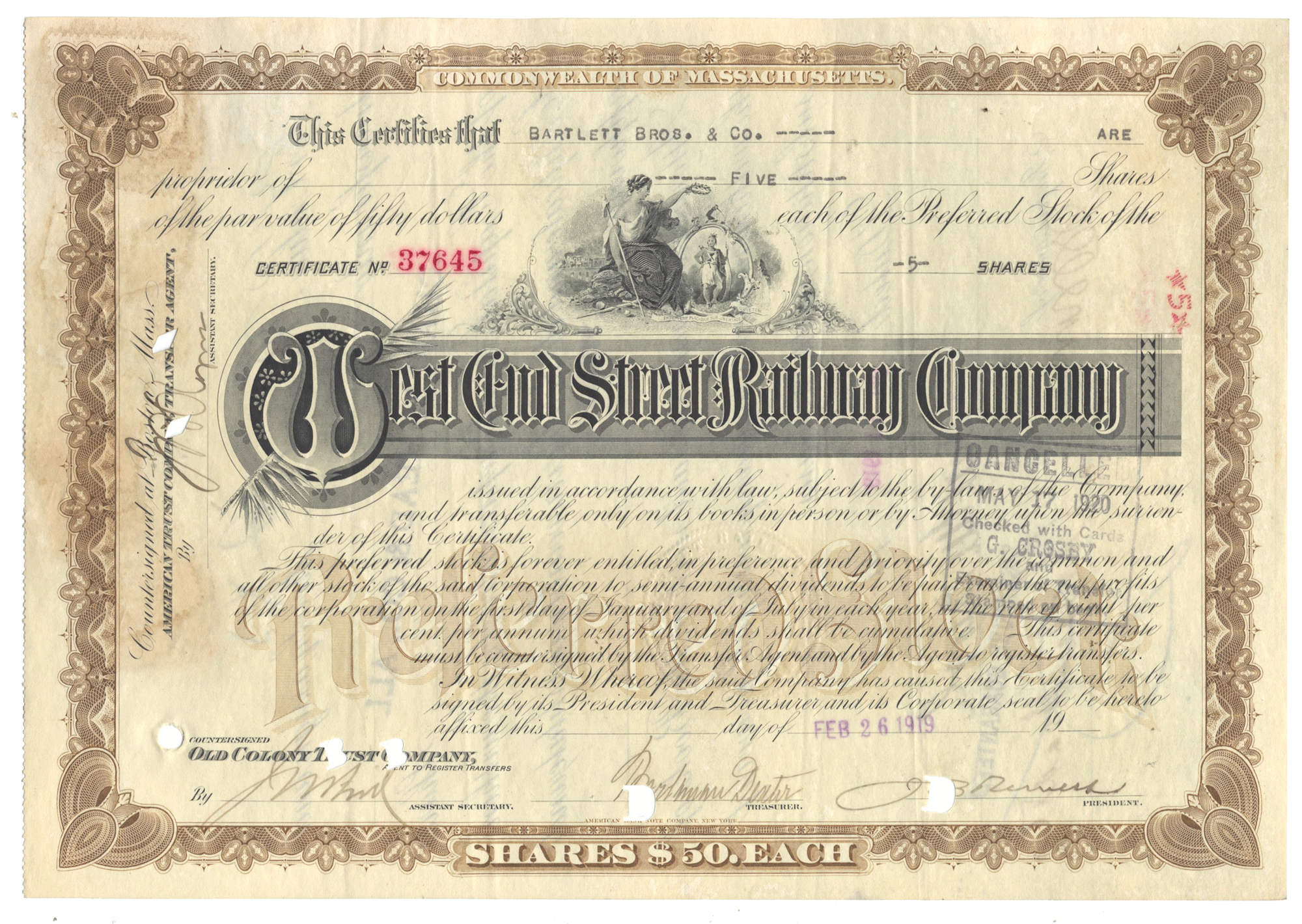 West End Street Railway Company stock certificate from 1919