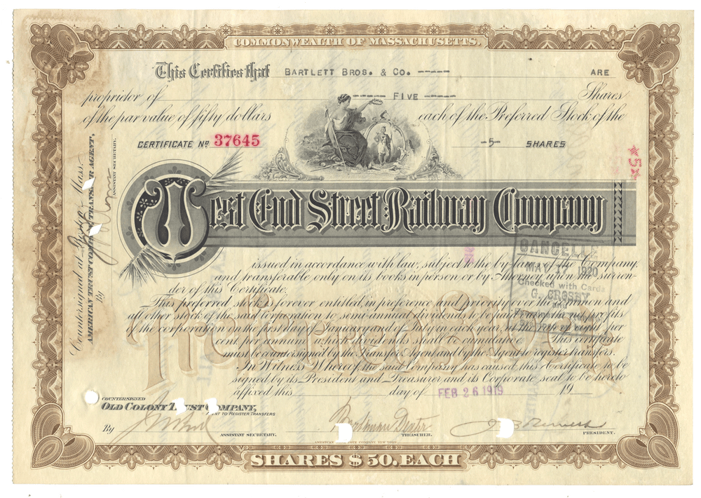 West End Street Railway Company stock certificate from 1919