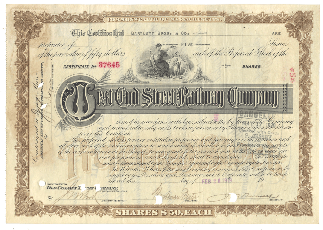 West End Street Railway Company stock certificate from 1919