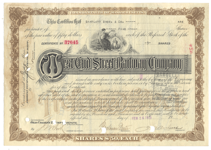 West End Street Railway Company stock certificate from 1919