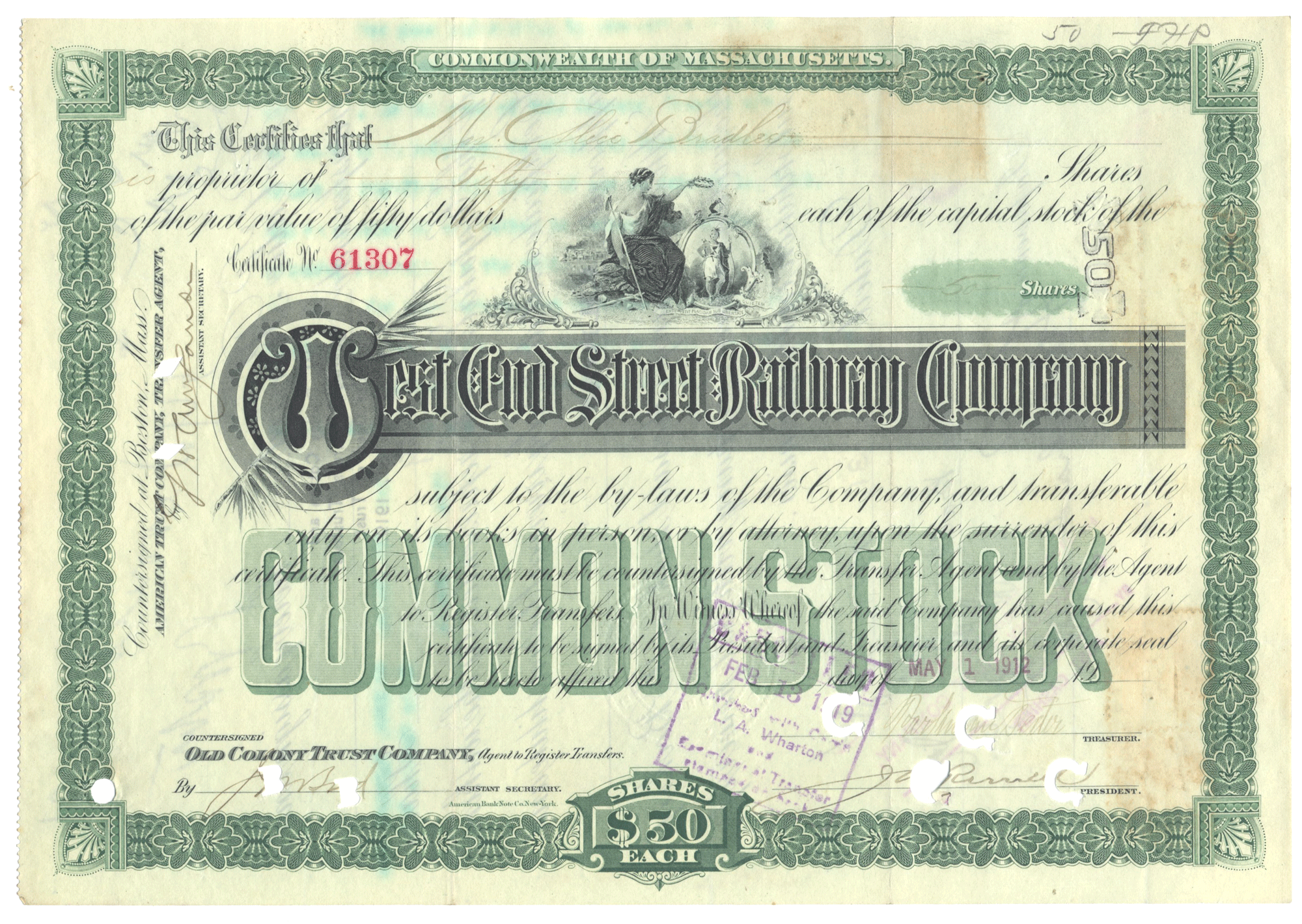 West End Street Railway stock certificate from 1912