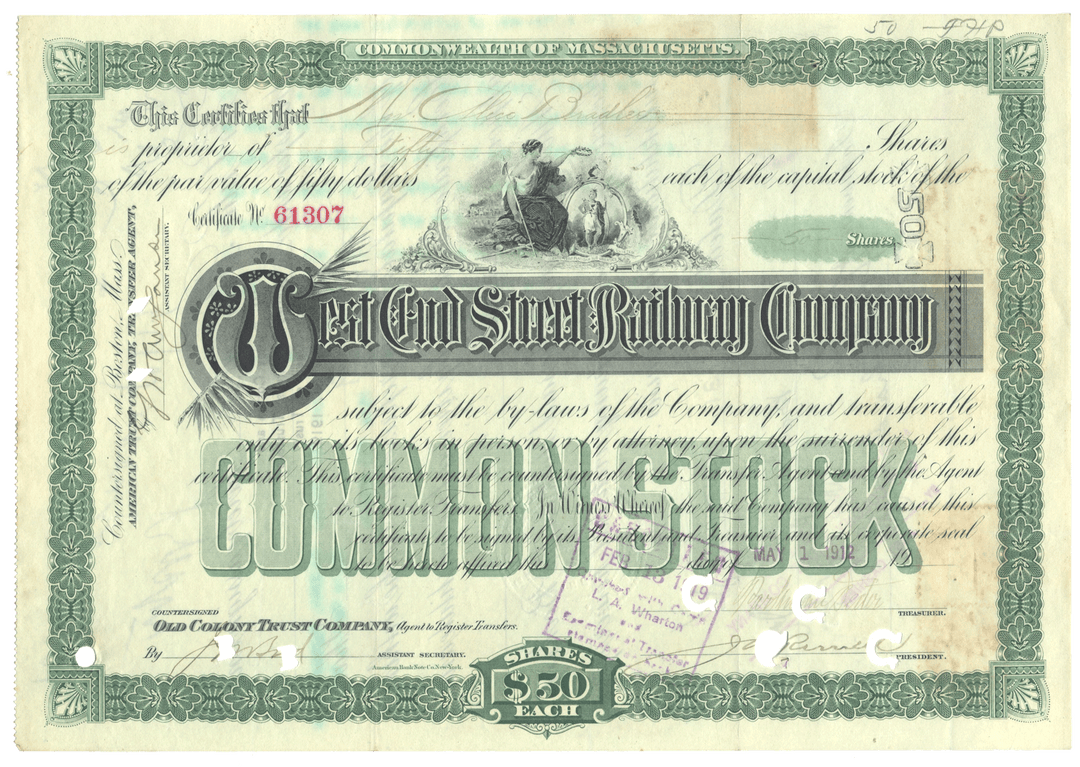 West End Street Railway stock certificate from 1912
