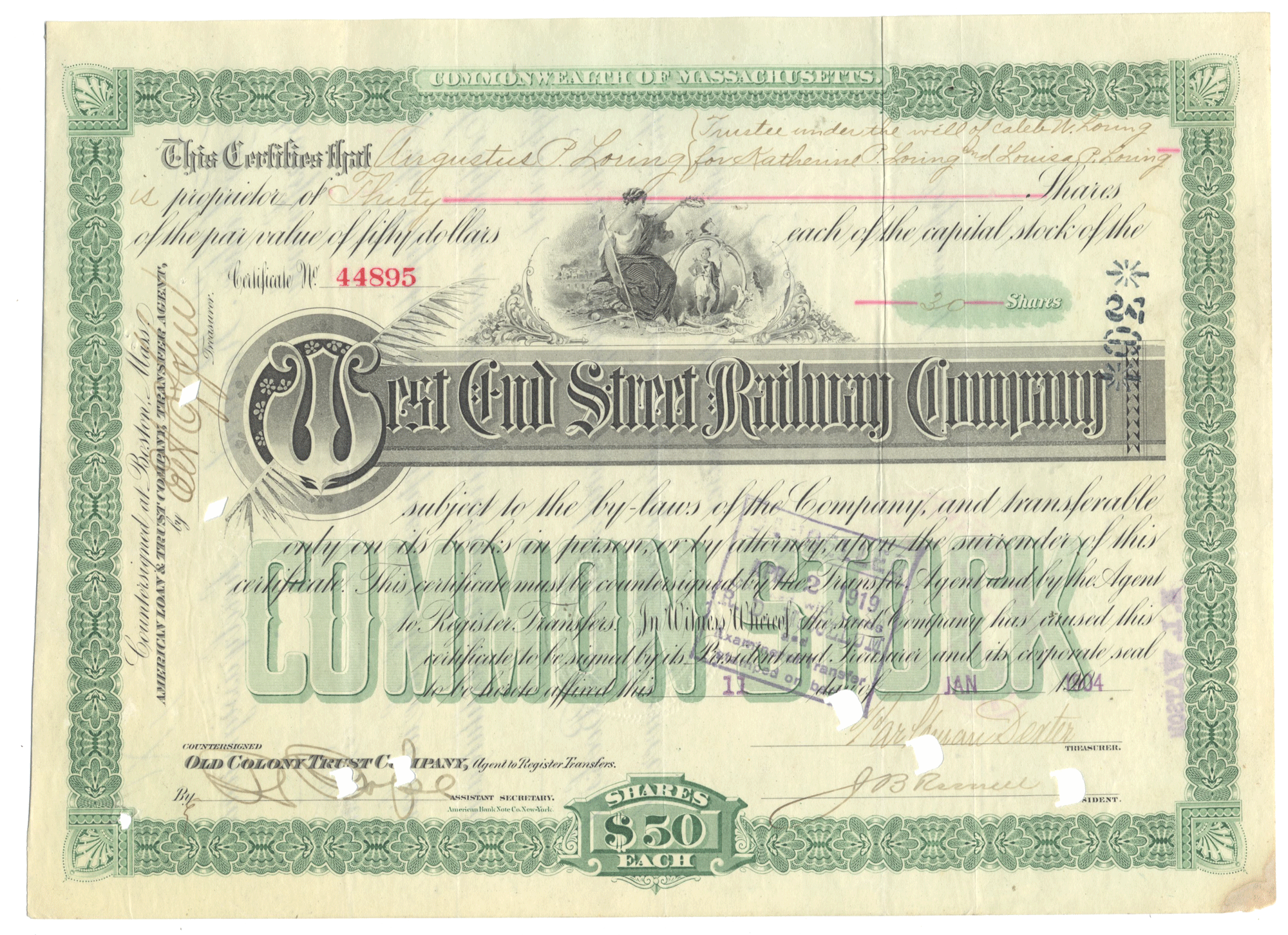 West End Street Railway Company stock certificate from 1904