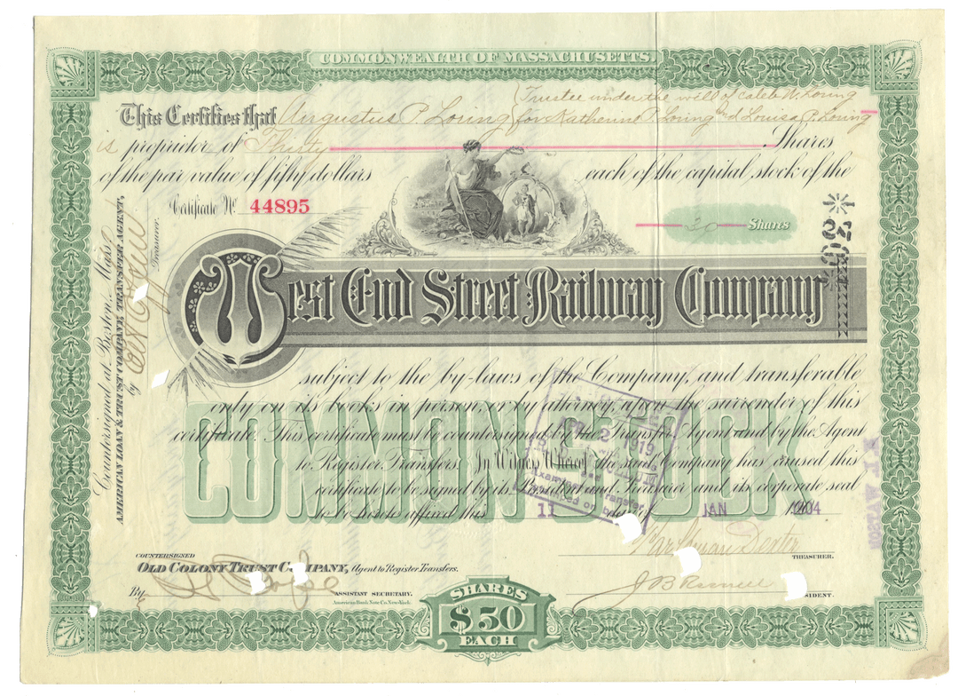 West End Street Railway Company stock certificate from 1904