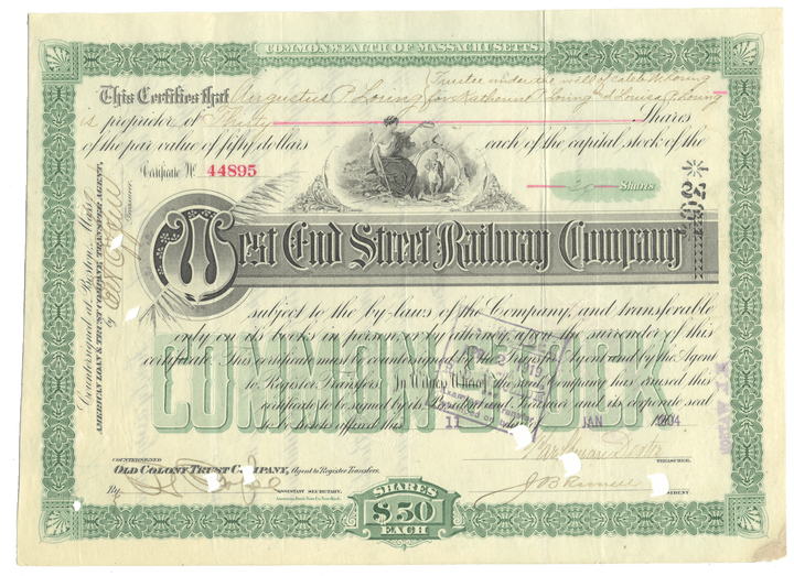 West End Street Railway Company stock certificate from 1904