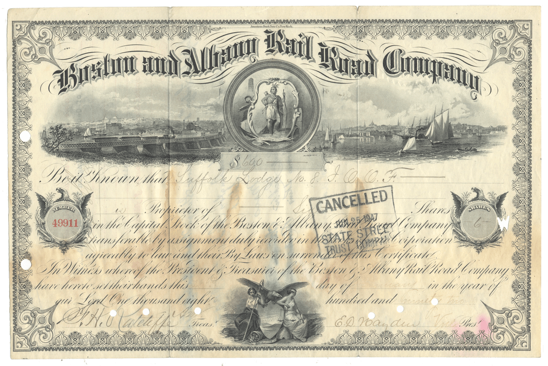 Vintage stock certificate of the Boston and Albany Railroad Company with decorative elements and text.