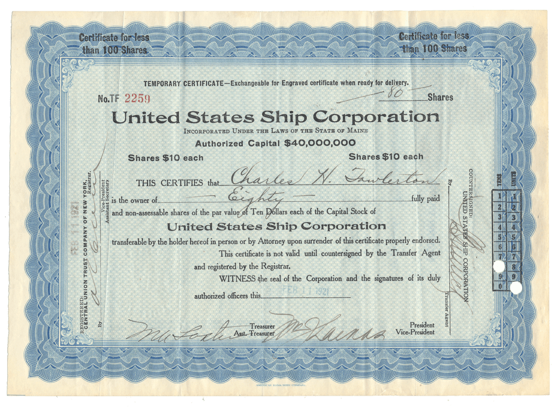 United States Ship Corporation stock certificate dated 1921