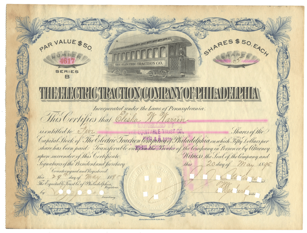 Historical stock certificate from The Electric Traction Company of Philadelphia with decorative elements and tramway illustration from 1895