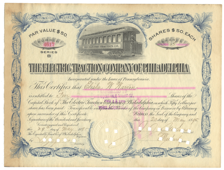 Historical stock certificate from The Electric Traction Company of Philadelphia with decorative elements and tramway illustration from 1895