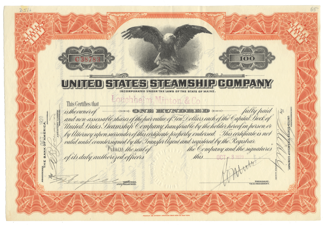 United States Steamship Company stock certificate with an eagle emblem from 1920