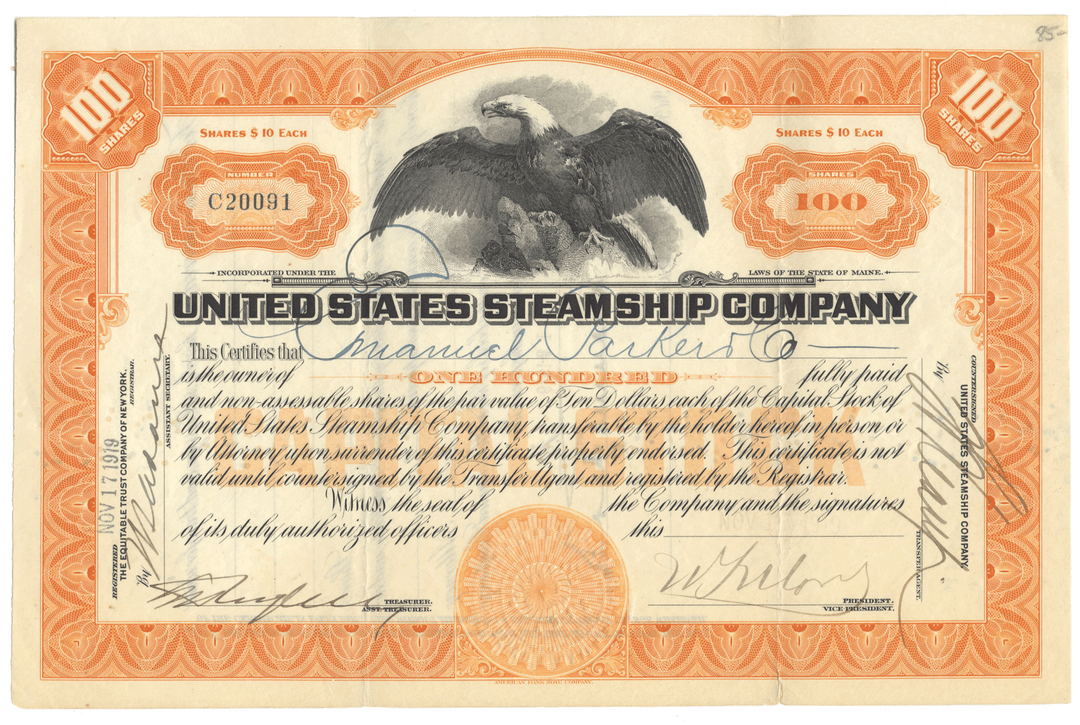 United States Steamship Company stock certificate with an eagle emblem on an orange background