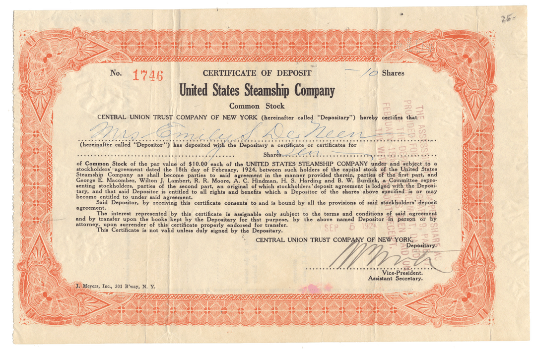 Certificate of Deposit from the United States Steamship Company from 1924