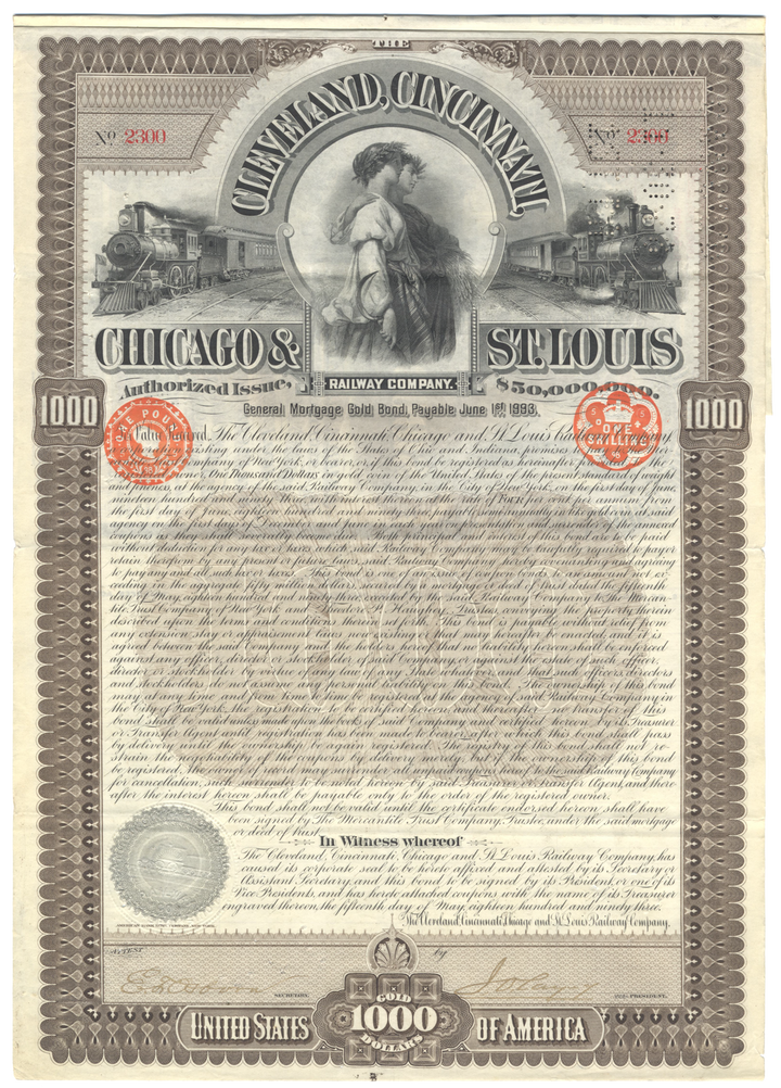 Cleveland, Cincinnati, Chicago & St. Louis Railway Company Bond Certificate