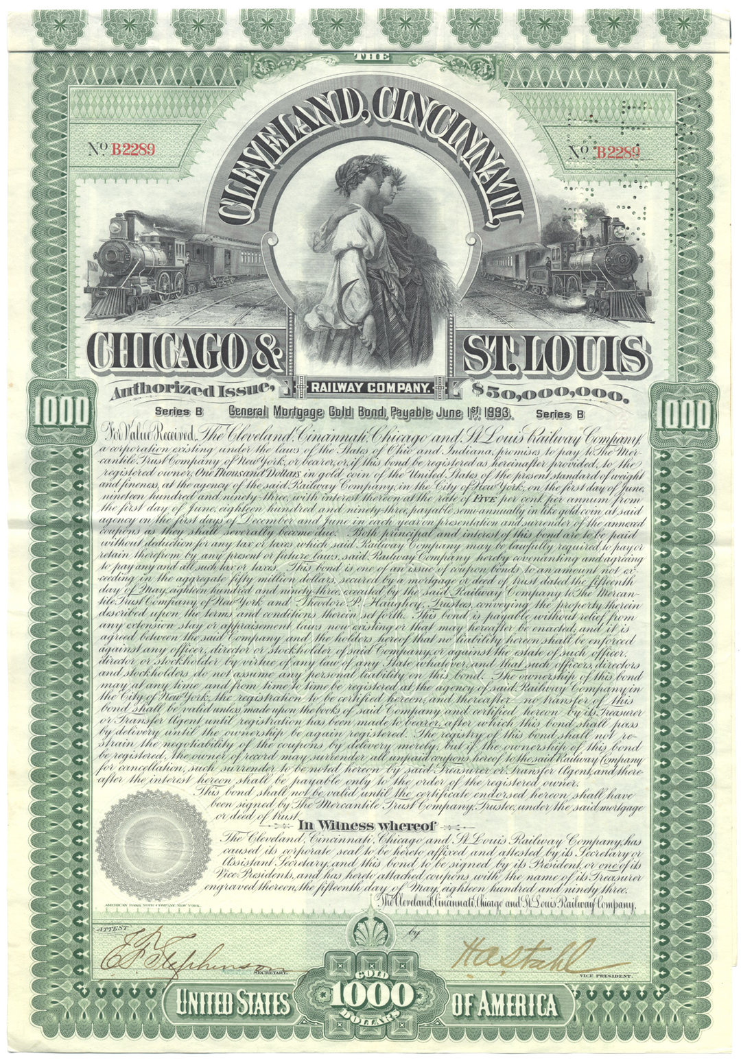 Cleveland, Cincinnati, Chicago & St. Louis Railway Company Bond Certificate