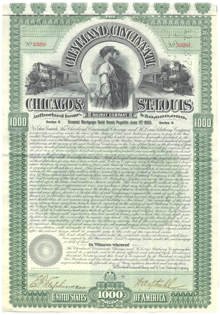 Cleveland, Cincinnati, Chicago & St. Louis Railway Company Bond Certificate