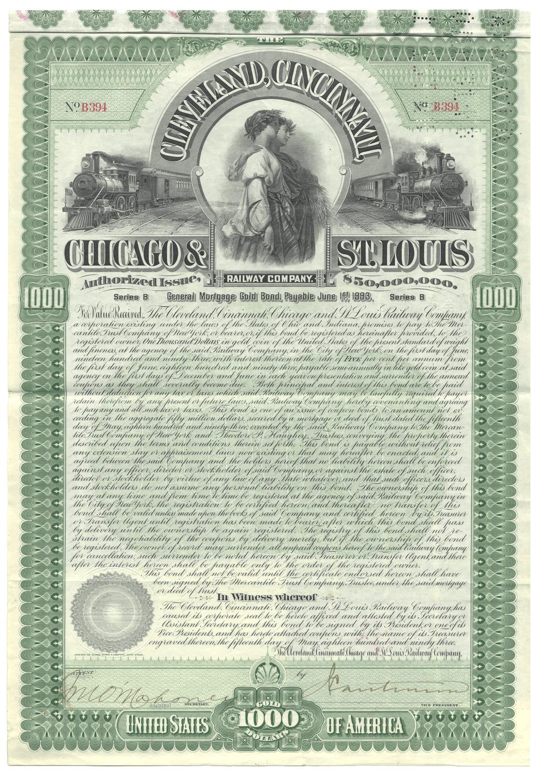 Historical bond certificate for the Cleveland, Cincinnati, Chicago & St. Louis Railway Company with green and white design.
