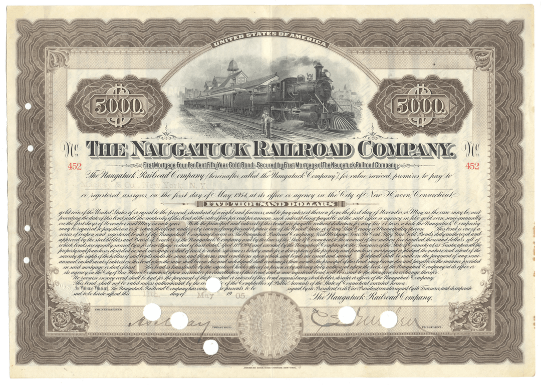 Bond certificate of the Naugatuck Railroad Company with a steam locomotive illustration dated 1905