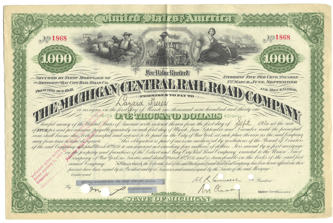 Historical bond certificate of the Michigan Central Railroad Company with scenic illustrations and text.