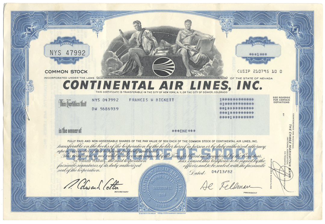 Continental Air Lines, Inc. Stock Certificate