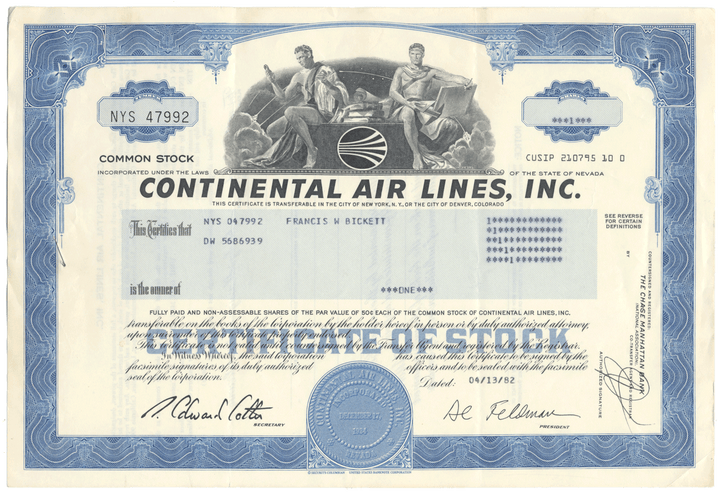 Continental Air Lines, Inc. Stock Certificate