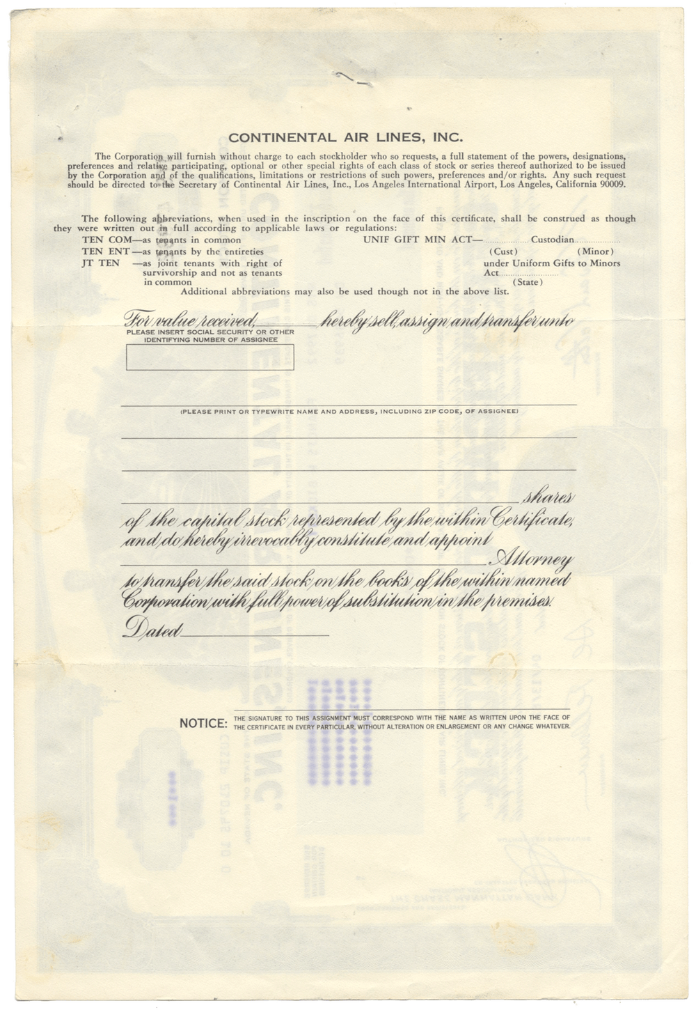 Continental Air Lines, Inc. Stock Certificate