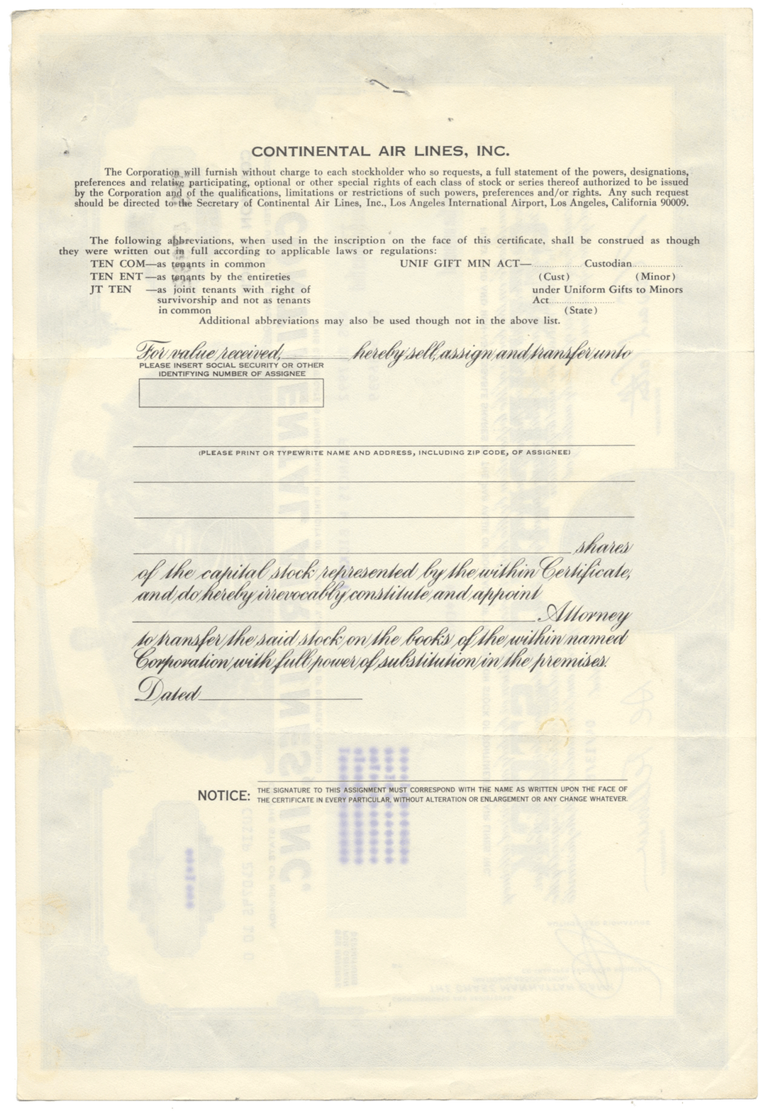 Continental Air Lines, Inc. Stock Certificate