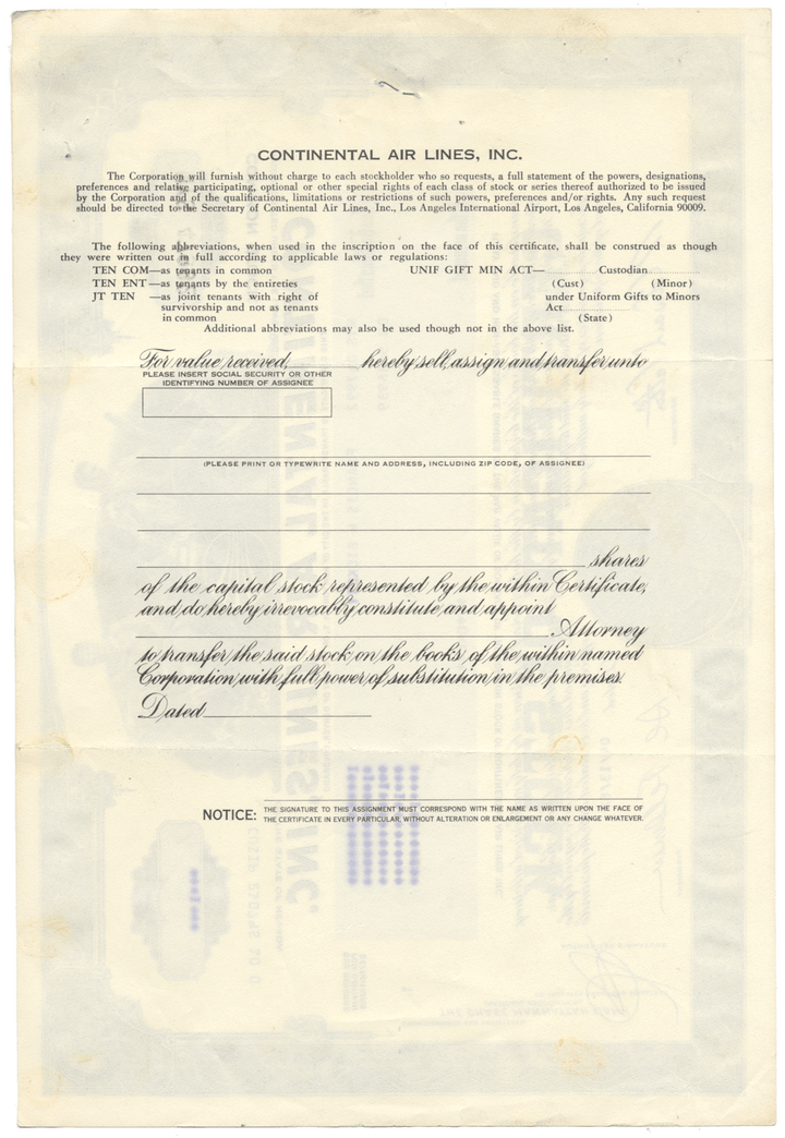 Continental Air Lines, Inc. Stock Certificate