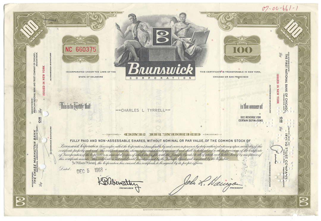 Vintage stock certificate for Brunswick Corporation