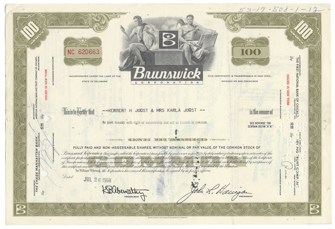 Vintage Brunswick Corporation stock certificate with detailed design and text from 1968