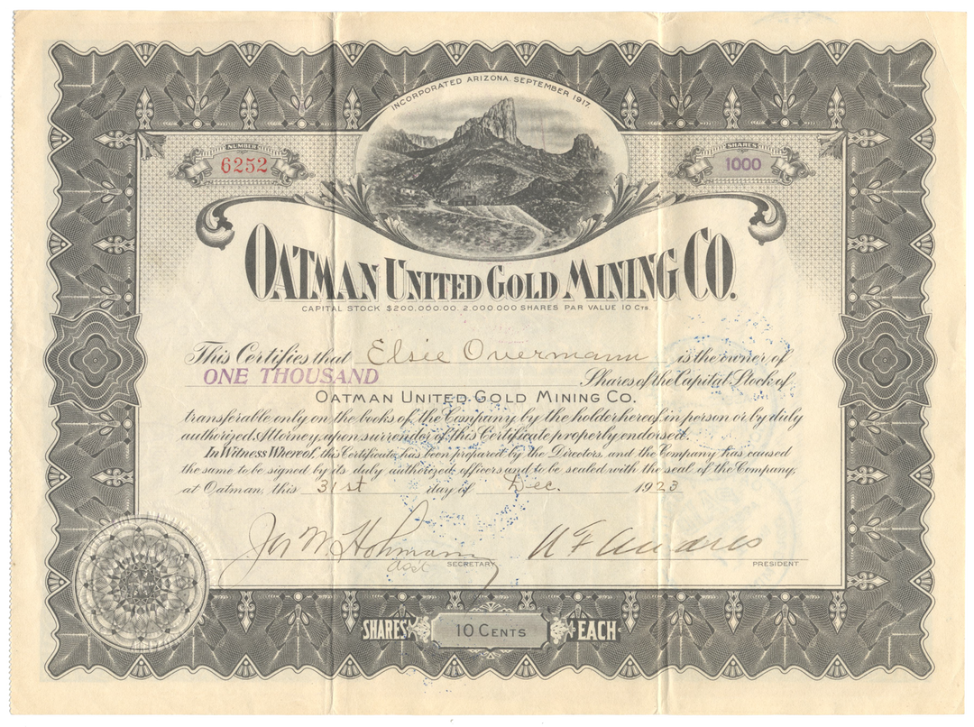 Oatman United Gold Mining Co. Stock Certificate