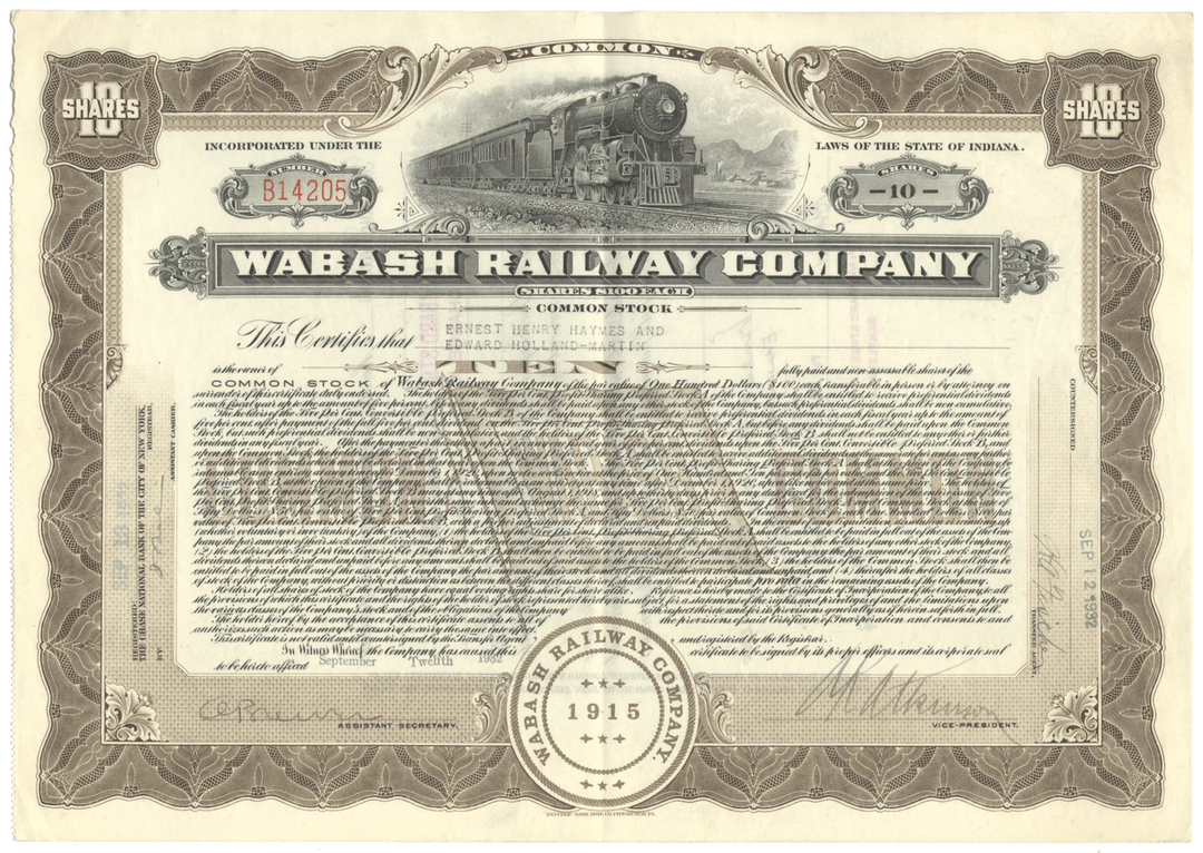 Wabash Railway Company Stock Certificate