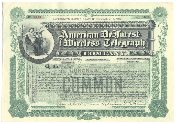 American De Forest Wireless Telegraph Company Stock Certificate