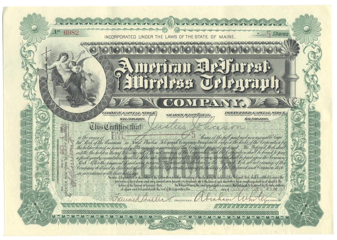 Share certificate of the American De Forest Wireless Telegraph Company from 1904